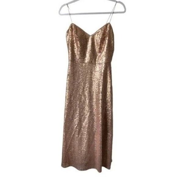 NWT Dessy Collection Sleeveless V Neck Sequin A Line Midi Dress 0 Rose Gold - Picture 2 of 13